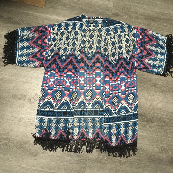 Angie Kimono Open Front Cardigan Fringe Medium Multicolor Geometric Lightweight - Picture 2 of 8
